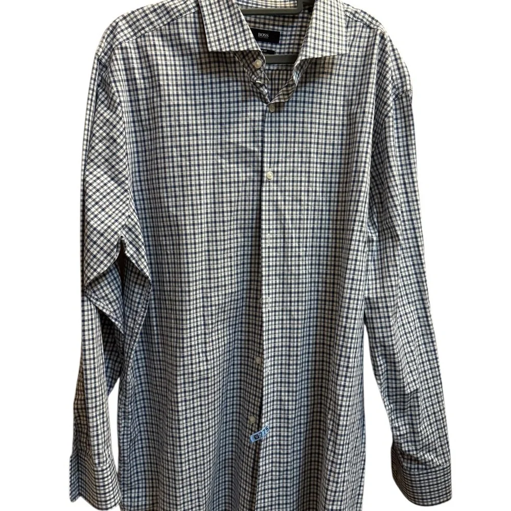 HUGO BOSS Blue & White Check Sharp Shirt 18 34/35 Cotton Like New Wedding EUC